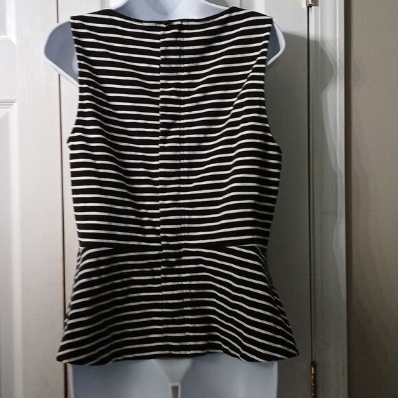 J Crew black white stripe sleeveless blouse full zipper back Sz L EUC - Picture 4 of 6